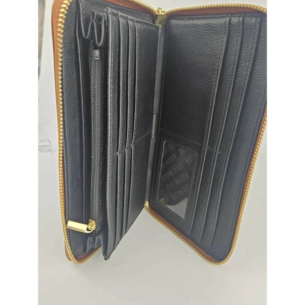 Steve Madden‎ Zip Around Wristlet Wallet Cognac Brown Saffiano Gold Hardware